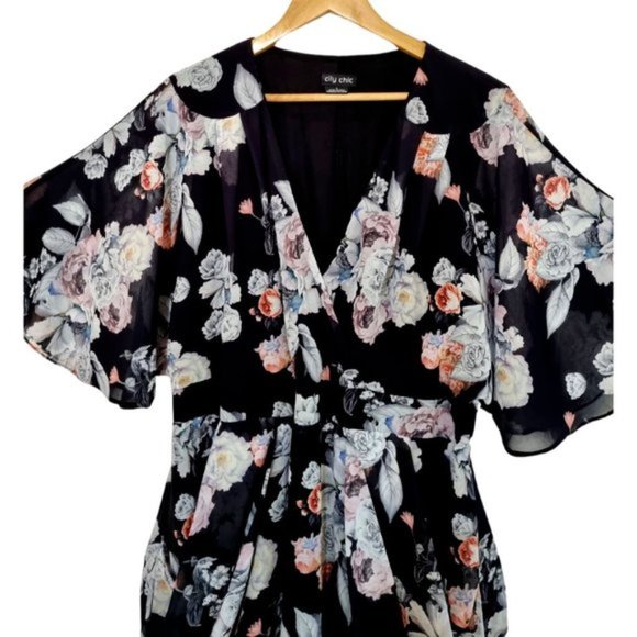 CITY CHIC Black Floral Womens V-Neck Flutter Sleeve Midi Dress - Size L - Picture 2 of 6
